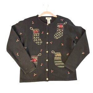 TALBOTS Vintage Christmas Stocking Cardigan Sweater Size Small Black Lambswool